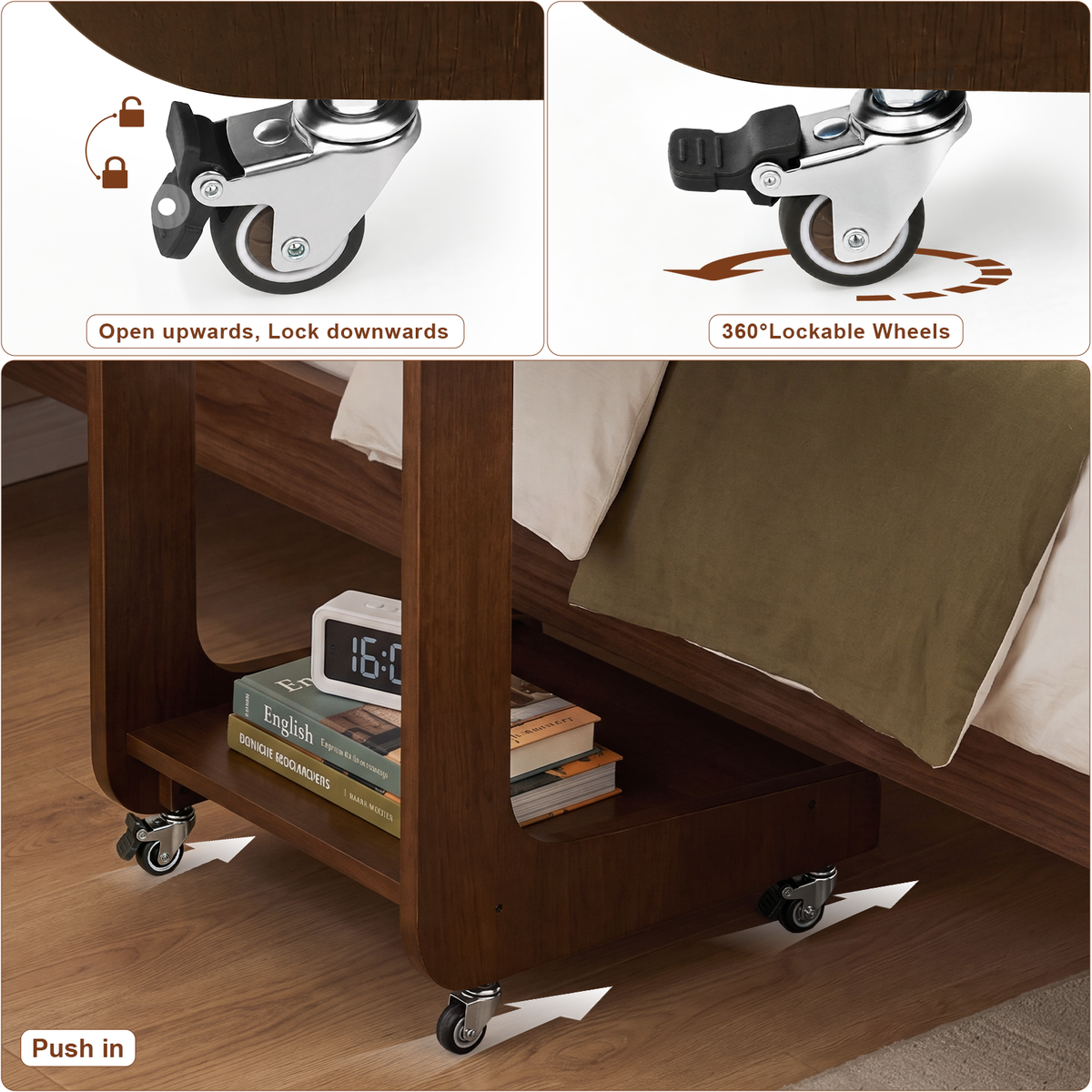 100% Solid Wood C Shape End Table,360° Adjustable & Foldable Desktop