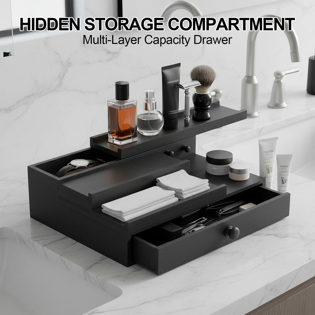 Luckybell Cologne Organizer for Men,Solid Wood Cologne Stand with Drawer and Hidden Compartments, Nightstand Organizer,Dresser Drawer Organizers,Organizador de Perfumes,Perfume Stand Organizer for Bedroom,Black