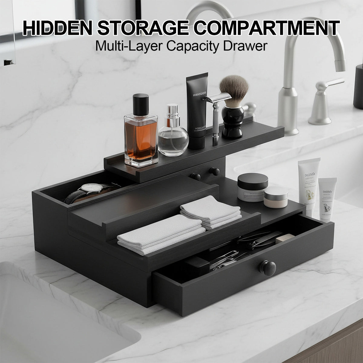 Luckybell Cologne Organizer for Men,Solid Wood Cologne Stand with Drawer and Hidden Compartments, Nightstand Organizer,Dresser Drawer Organizers,Organizador de Perfumes,Perfume Stand Organizer for Bedroom,Black