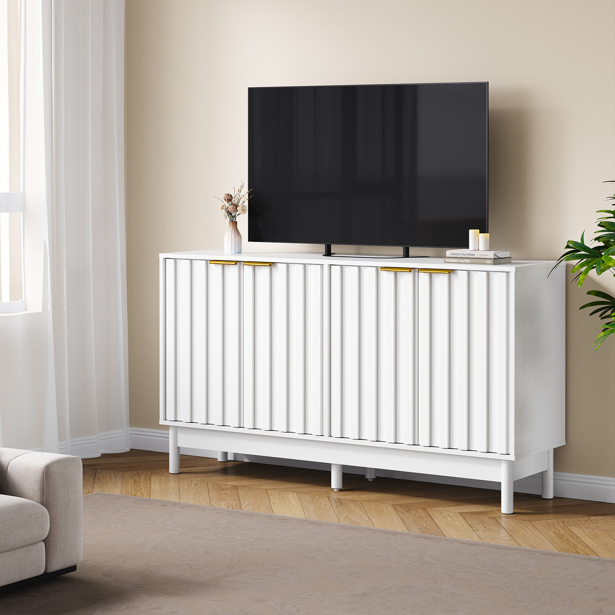 55'' Buffet Cabinet with Fluted Door and Adjustable Shelves,White