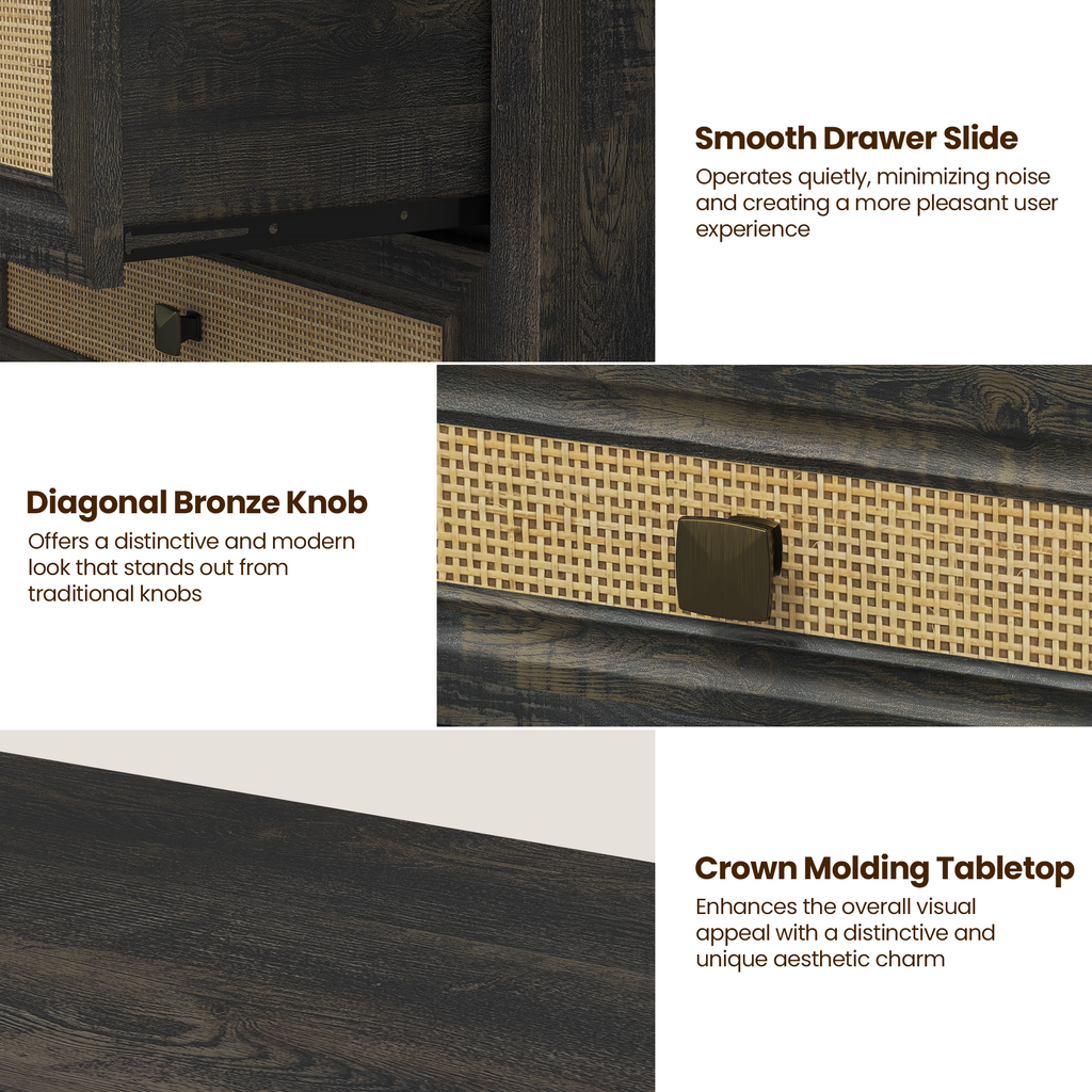 Farmhouse Rattan 3 Drawer Dresser,Modern Endtable,Dark Rustic Oak