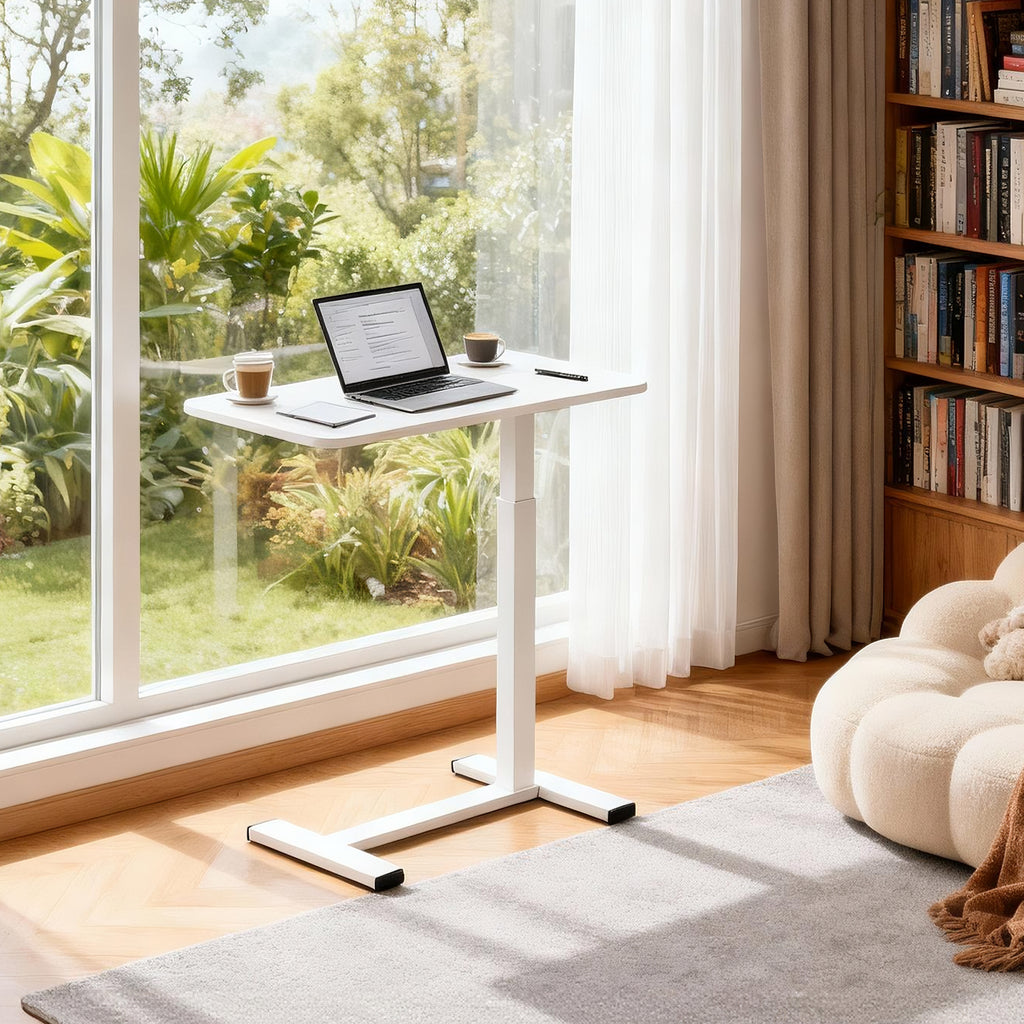 Luckybell Large Pneumatic Hospital Bed Table,Hidden Wheels Adjustable Height C-Shaped End Table,Overbed Bedside Table with Wheels, Side Table for Sofa & Bedside(15.8''Wx31.5'D'x37.1''H,White)