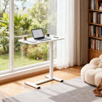 Luckybell Large Pneumatic Hospital Bed Table,Hidden Wheels Adjustable Height C-Shaped End Table,Overbed Bedside Table with Wheels, Side Table for Sofa & Bedside(15.8''Wx31.5'D'x37.1''H,White)