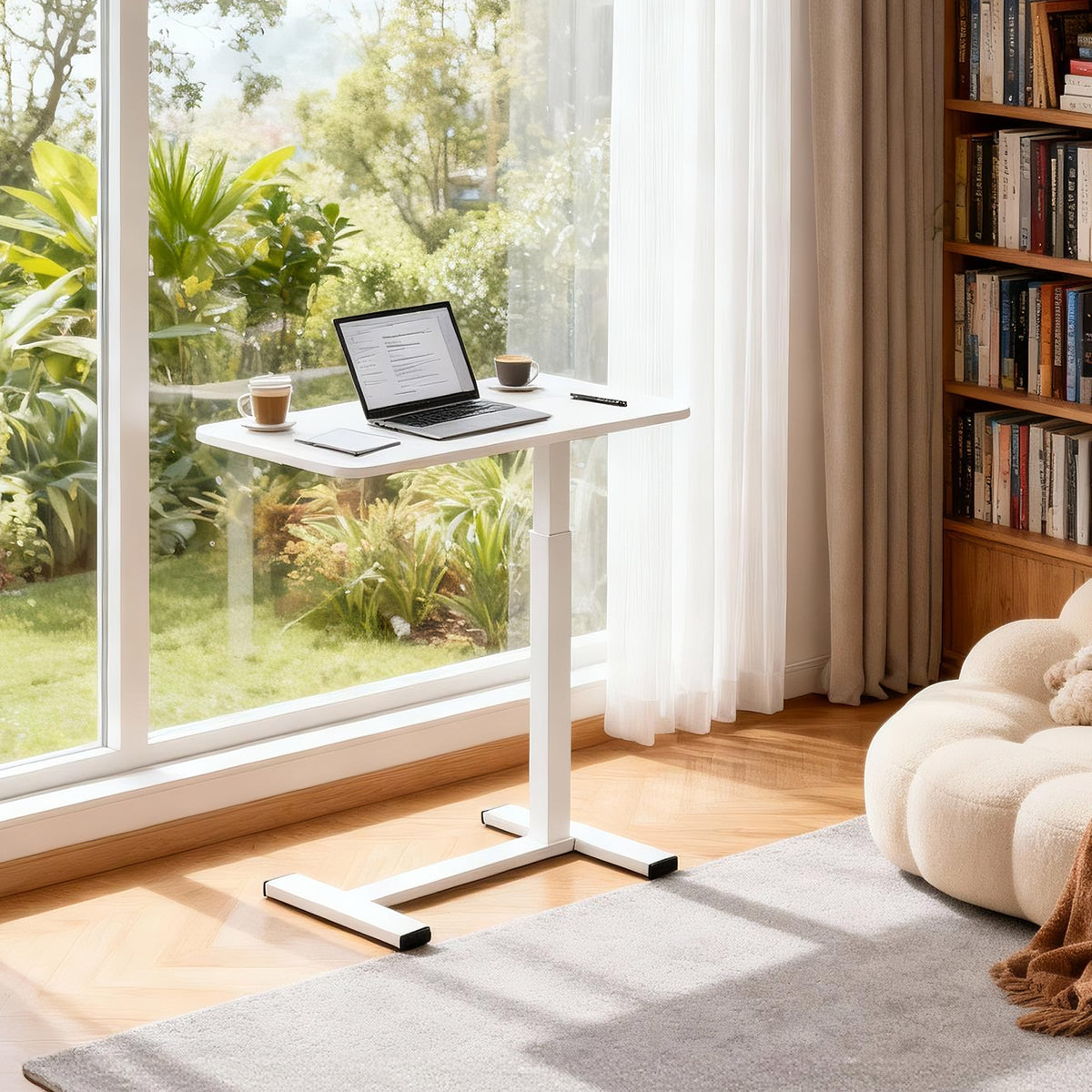 Luckybell Large Pneumatic Hospital Bed Table,Hidden Wheels Adjustable Height C-Shaped End Table,Overbed Bedside Table with Wheels, Side Table for Sofa & Bedside(15.8''Wx31.5'D'x37.1''H,White)