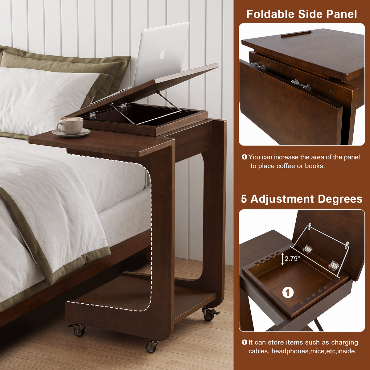 100% Solid Wood C Shape End Table,360° Adjustable & Foldable Desktop