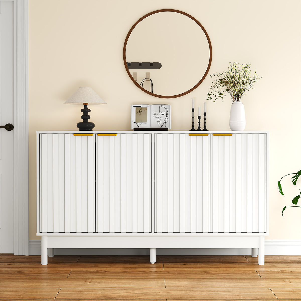 55'' Buffet Cabinet with Fluted Door and Adjustable Shelves,White