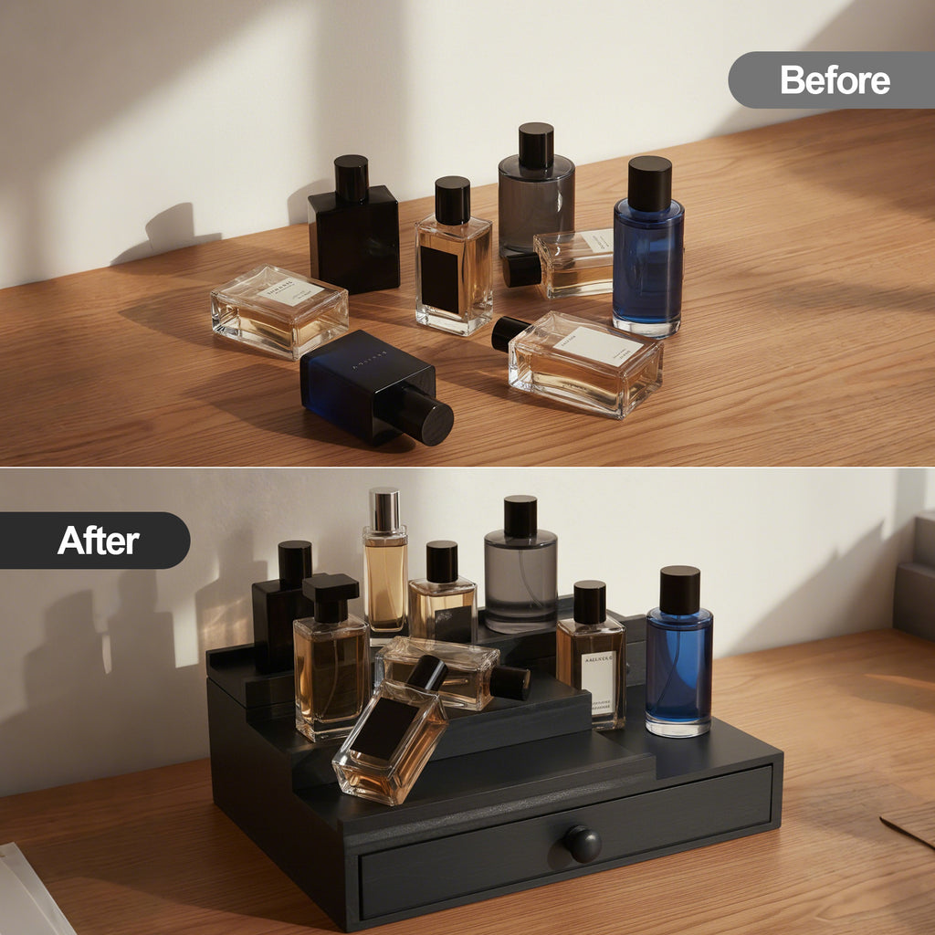 Luckybell Cologne Organizer for Men,Solid Wood Cologne Stand with Drawer and Hidden Compartments, Nightstand Organizer,Dresser Drawer Organizers,Organizador de Perfumes,Perfume Stand Organizer for Bedroom,Black