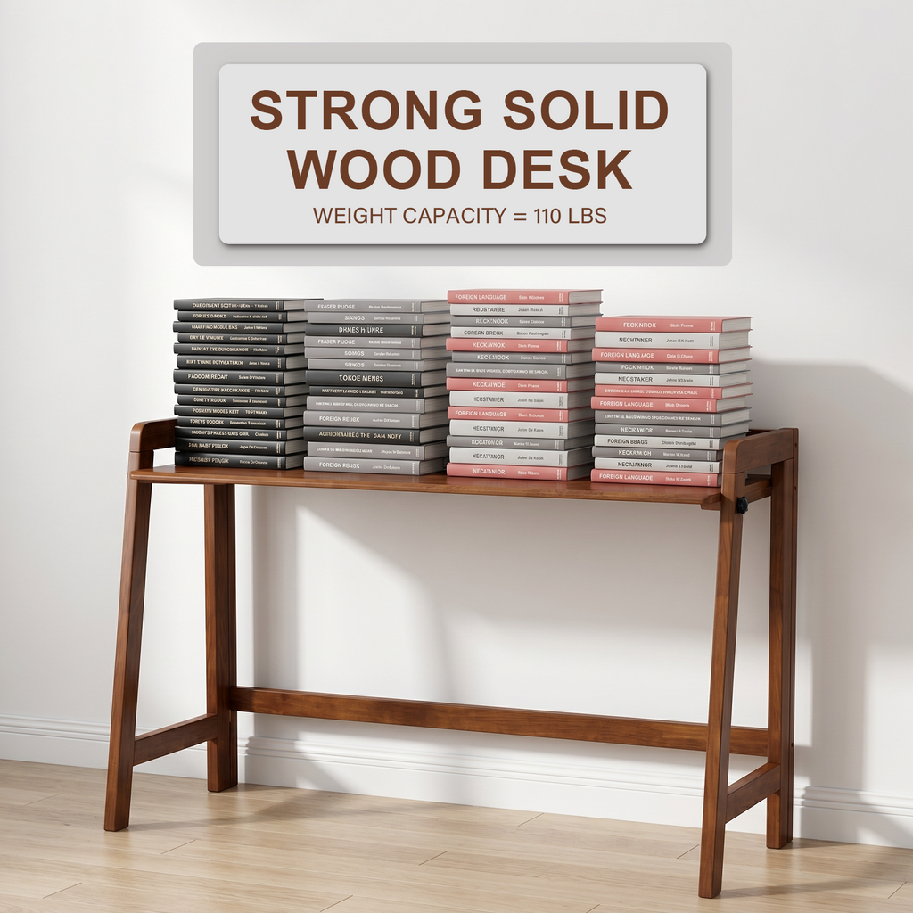 100% Solid Wood 49'' Folding Desk, Foldable Desk with Cable Groove,Walnut