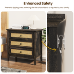 Farmhouse Rattan 3 Drawer Dresser,Modern Endtable,Dark Rustic Oak