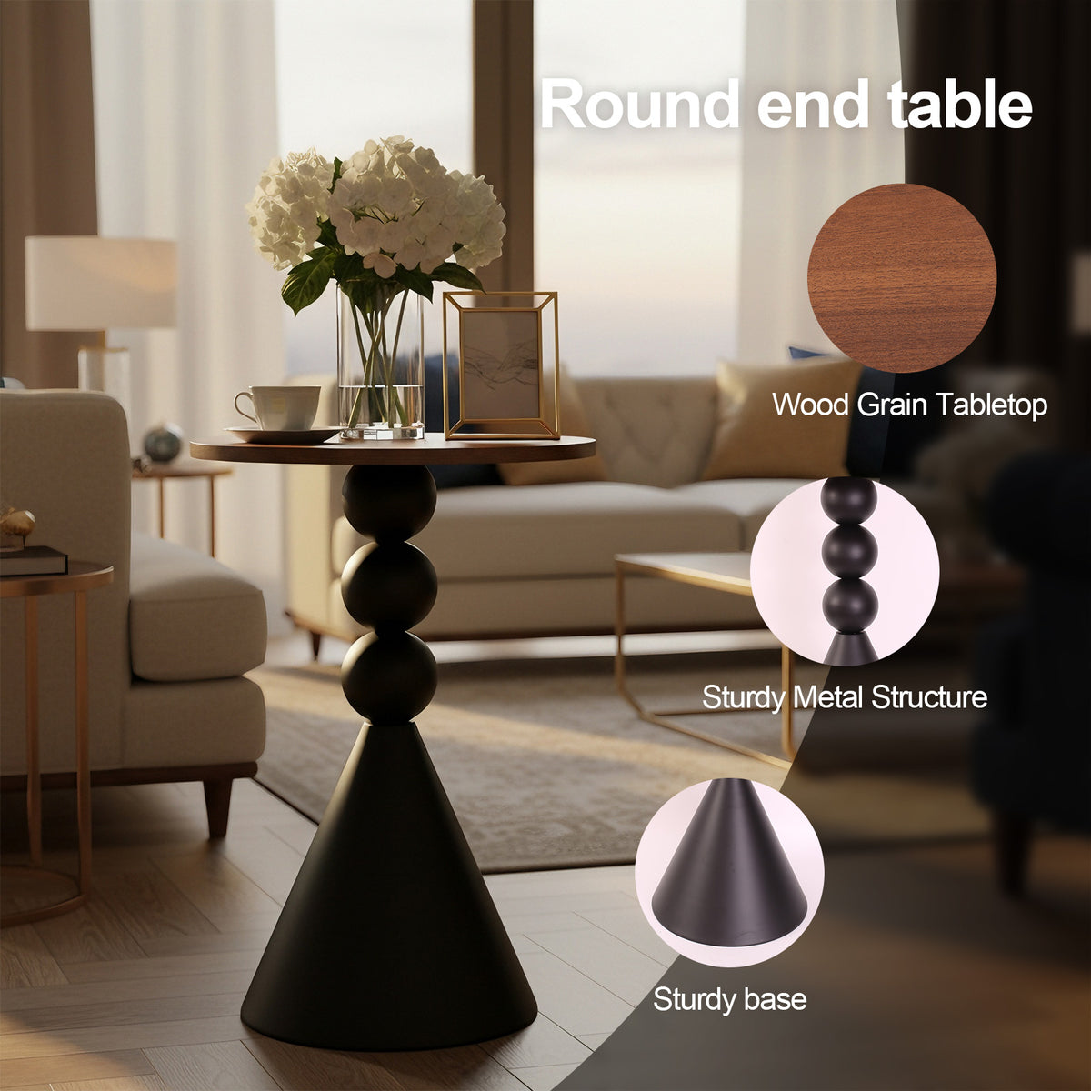 Luckybell Wood Round Tabletop Martini Table,Vintage Drum Side End Table,Modern Nightstand Accent Pedestal Tables Drink Tables for Small Space Living Room, Bedroom,Walnut