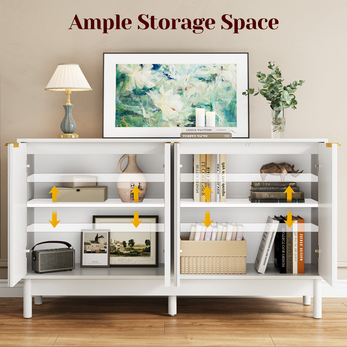 55'' Buffet Cabinet with Fluted Door and Adjustable Shelves,White