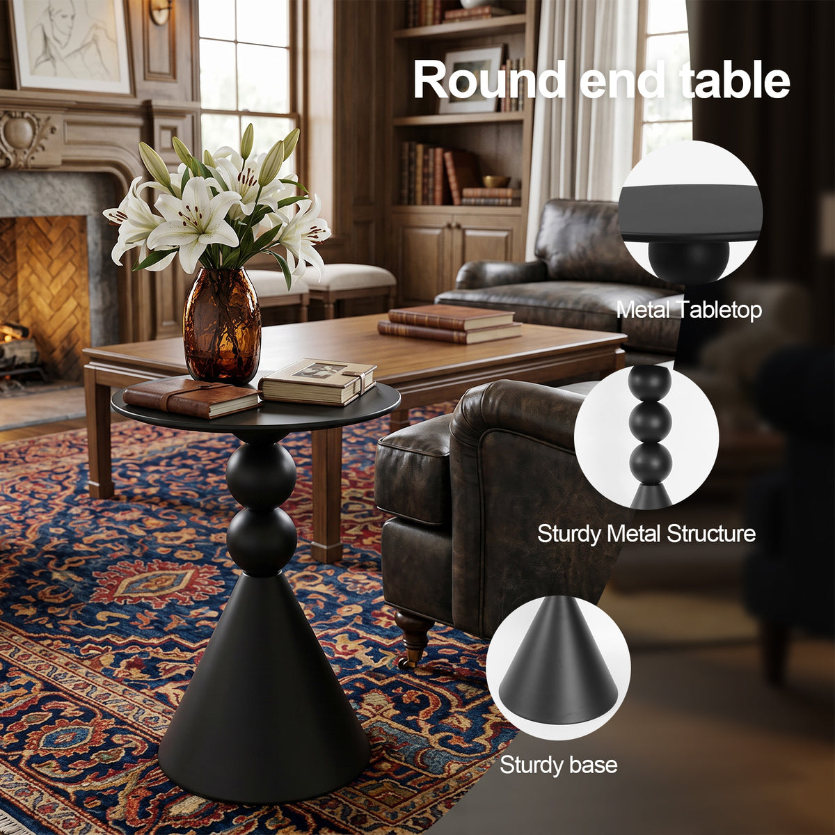 Luckybell Metal Round Martini Table,Vintage Drum Side End Table,Modern Nightstand Accent Pedestal Tables Drink Tables for Small Space Living Room, Bedroom,Black
