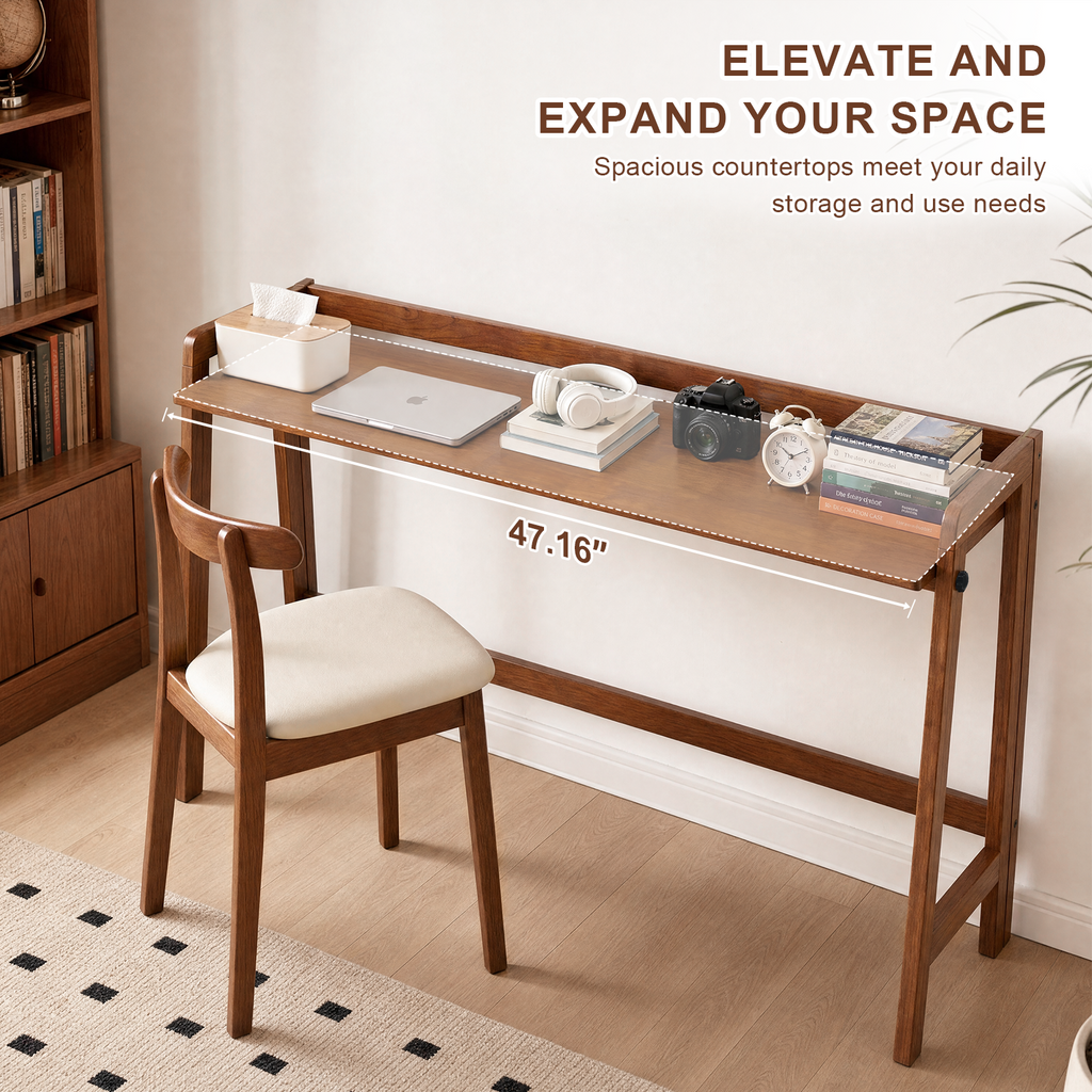 100% Solid Wood 49'' Folding Desk, Foldable Desk with Cable Groove,Walnut