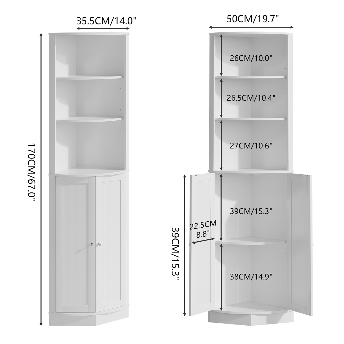 67" Tall Corner Cabinet with 2 Doors and Adjustable Shelves