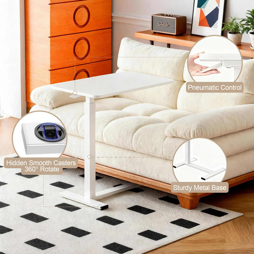 Luckybell Large Pneumatic Hospital Bed Table,Hidden Wheels Adjustable Height C-Shaped End Table,Overbed Bedside Table with Wheels, Side Table for Sofa & Bedside(15.8''Wx31.5'D'x37.1''H,White)