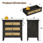 Farmhouse Rattan 3 Drawer Dresser,Modern Endtable,Dark Rustic Oak