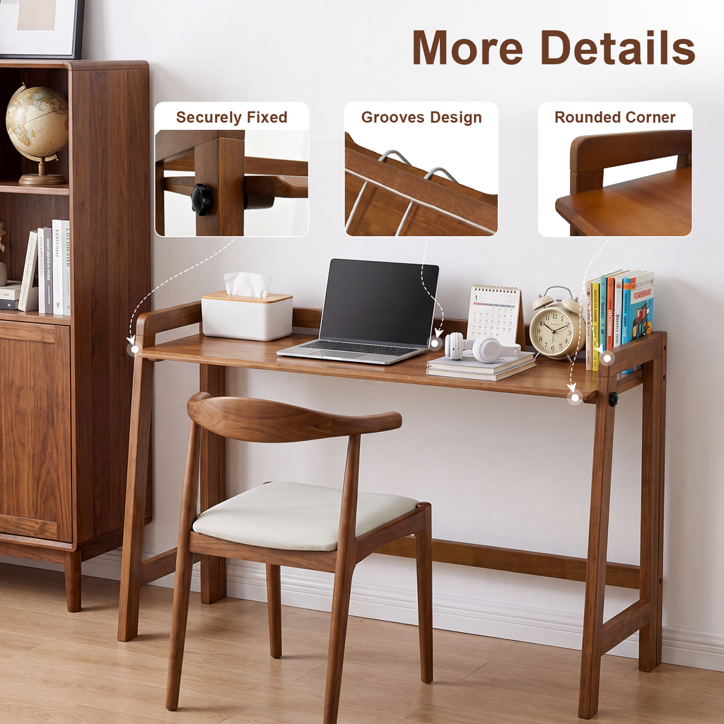 100% Solid Wood 49'' Folding Desk, Foldable Desk with Cable Groove,Walnut