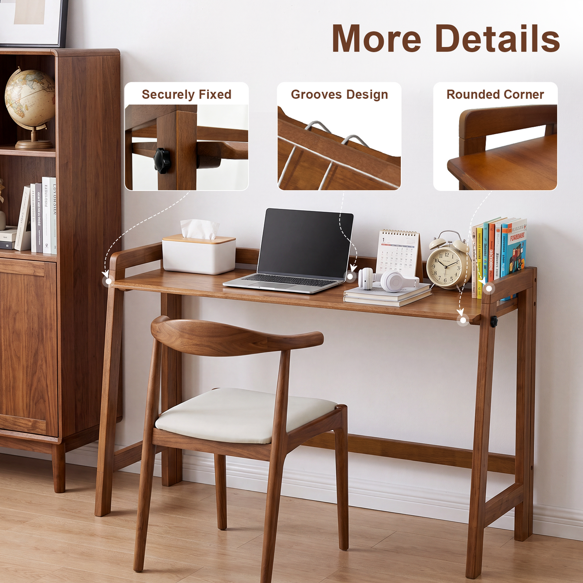 100% Solid Wood 49'' Folding Desk, Foldable Desk with Cable Groove,Walnut