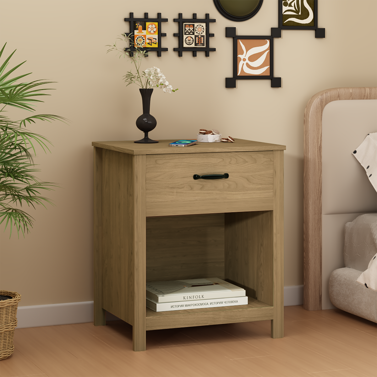 Wood Nightstand Bedside Table with Drawer and Open Shelf Storage, Brown
