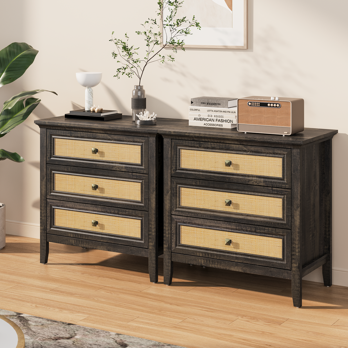 Farmhouse Rattan 3 Drawer Dresser,Modern Endtable,Dark Rustic Oak