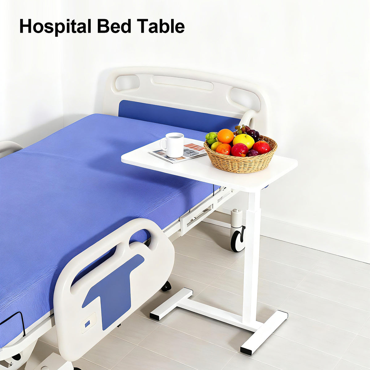 Luckybell Large Pneumatic Hospital Bed Table,Hidden Wheels Adjustable Height C-Shaped End Table,Overbed Bedside Table with Wheels, Side Table for Sofa & Bedside(15.8''Wx31.5'D'x37.1''H,White)