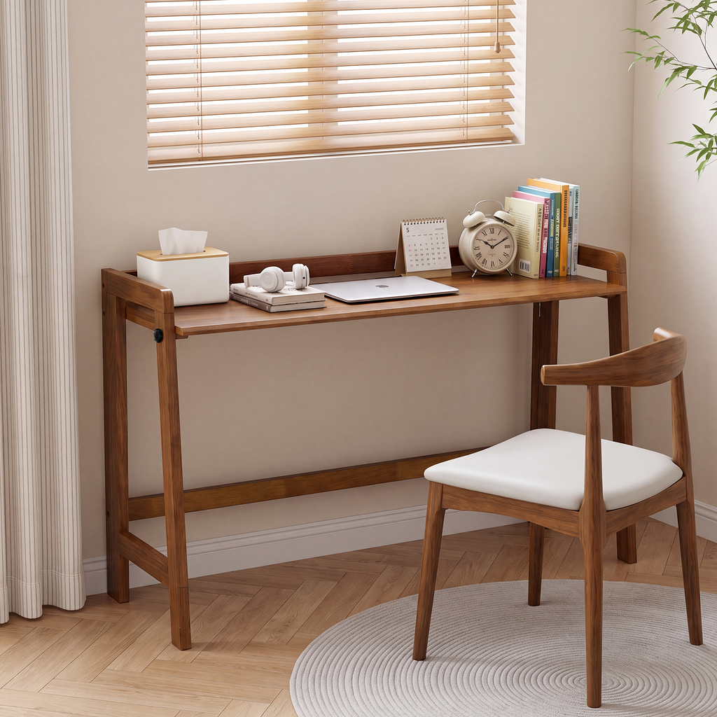 100% Solid Wood 49'' Folding Desk, Foldable Desk with Cable Groove,Walnut