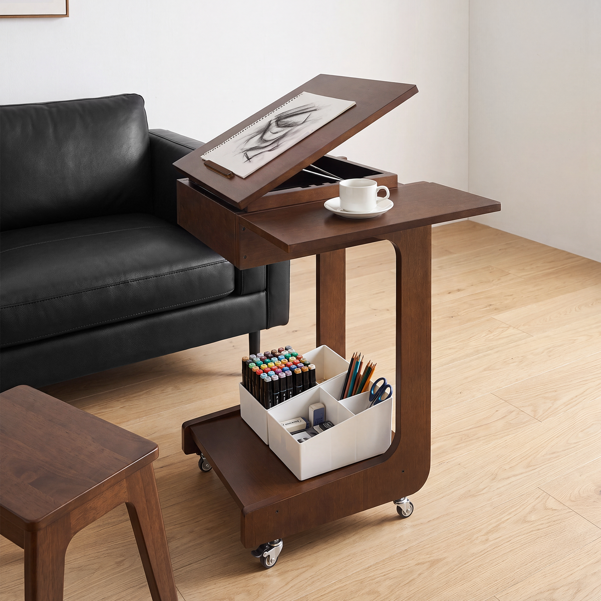 100% Solid Wood C Shape End Table,360° Adjustable & Foldable Desktop