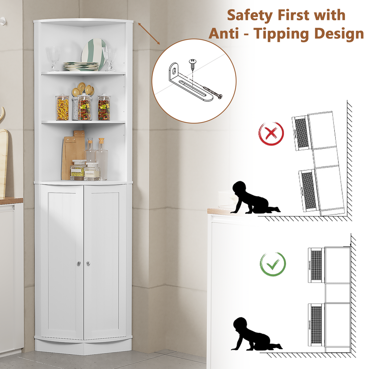 67" Tall Corner Cabinet with 2 Doors and Adjustable Shelves