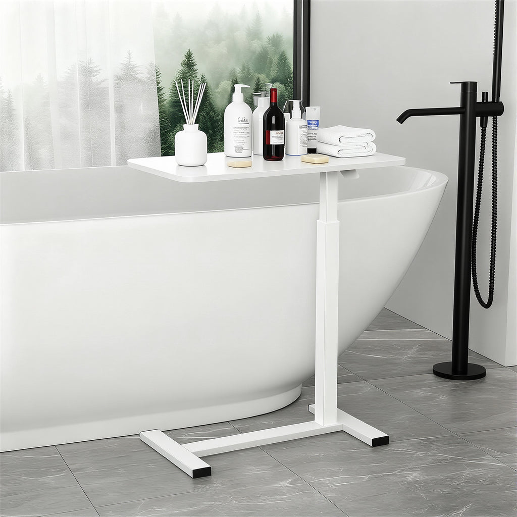 Luckybell Large Pneumatic Hospital Bed Table,Hidden Wheels Adjustable Height C-Shaped End Table,Overbed Bedside Table with Wheels, Side Table for Sofa & Bedside(15.8''Wx31.5'D'x37.1''H,White)