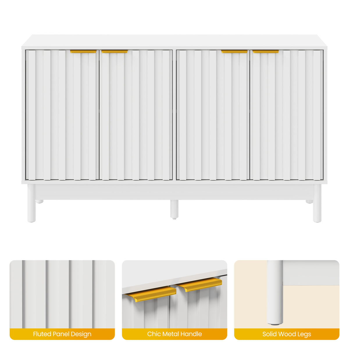 55'' Buffet Cabinet with Fluted Door and Adjustable Shelves,White