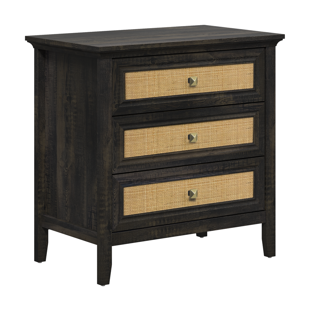 Farmhouse Rattan 3 Drawer Dresser,Modern Endtable,Dark Rustic Oak