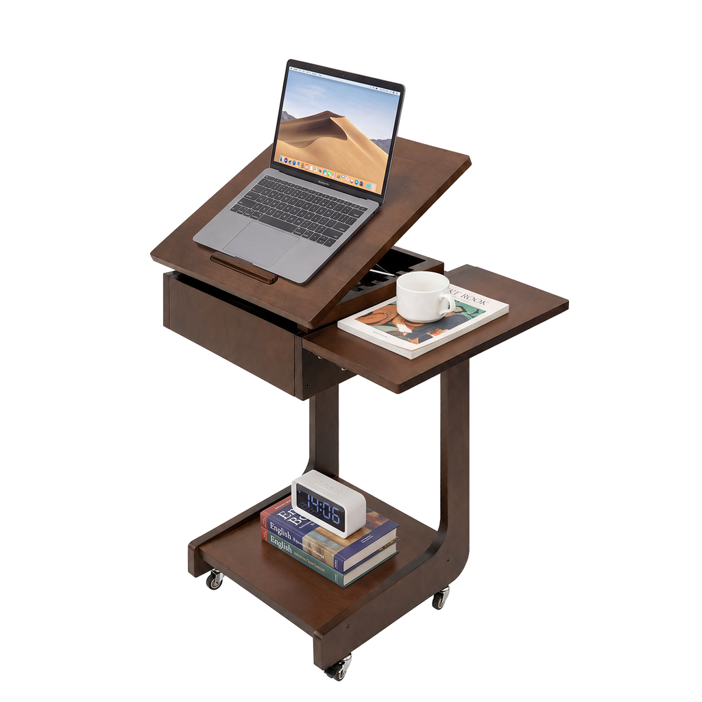 100% Solid Wood C Shape End Table,360° Adjustable & Foldable Desktop