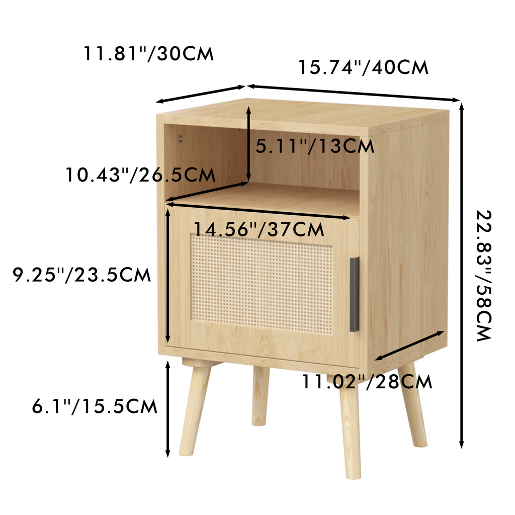 Rattan Nightstand, Side End Table with Door and Solid Wood Legs,Oak