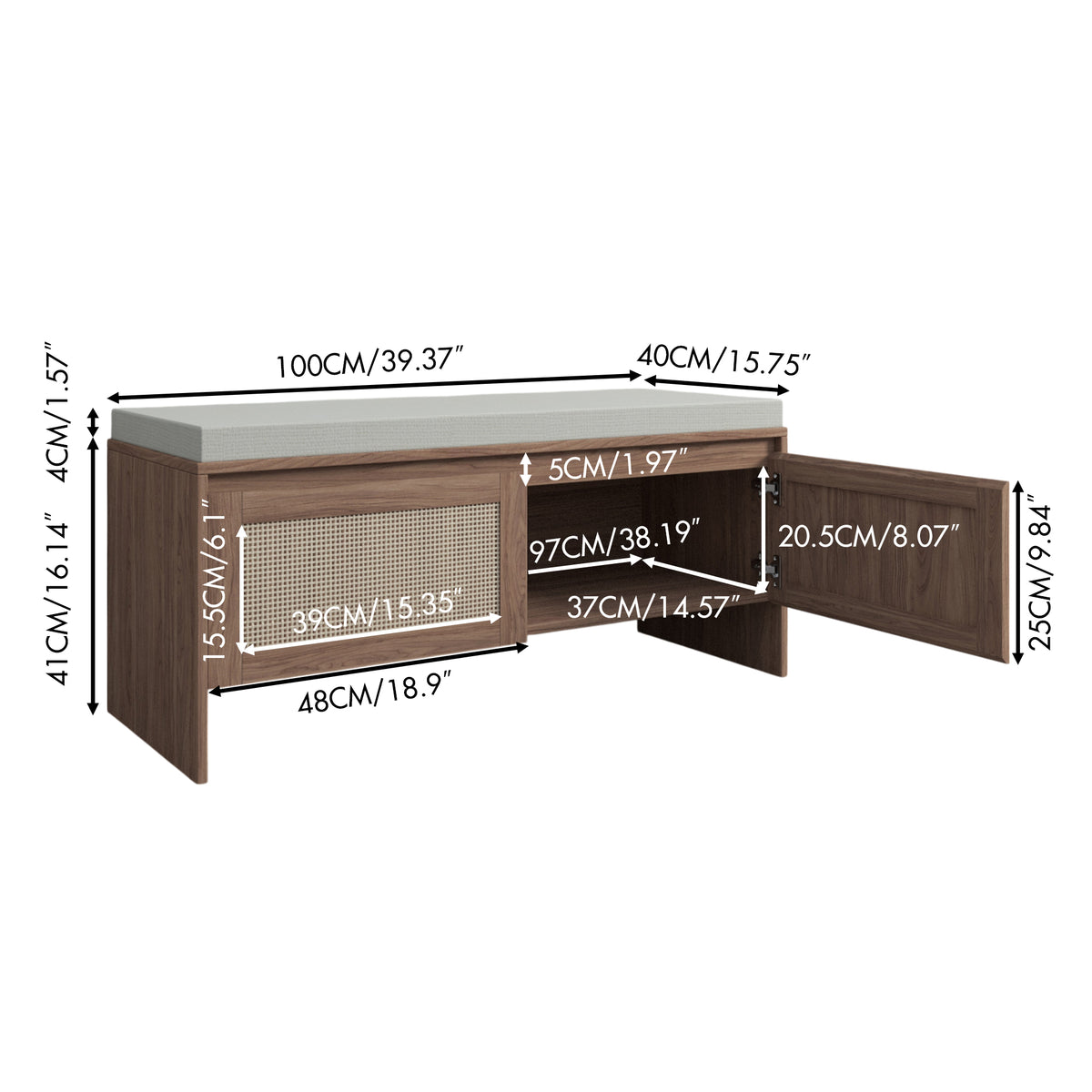 PP Rattan Storage Bench with Cushion,Shoe Cabinet with 2 Doors