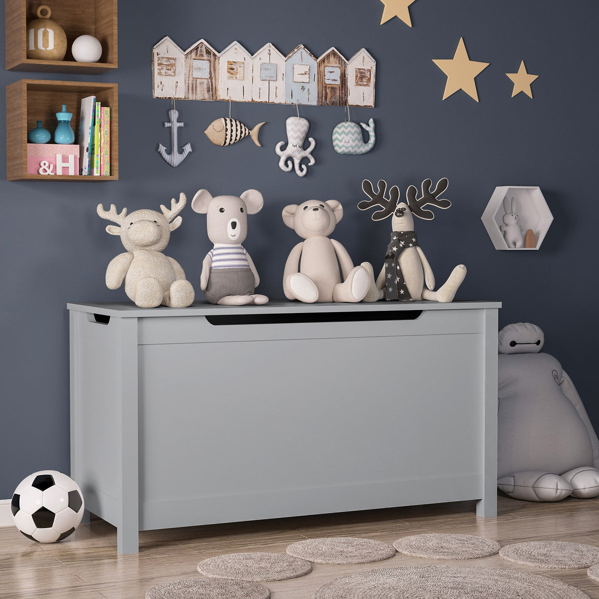 Wooden Toy Box Storage Organizer with Safety Hinged Lid