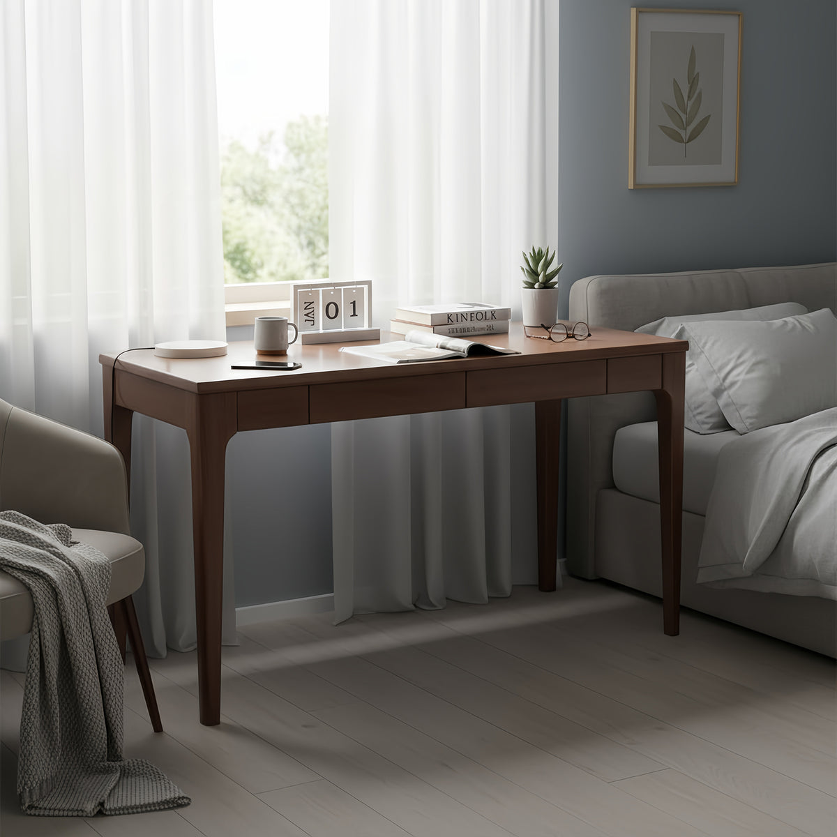 Solid Wood Desk with 2 Drawers,Home Office Desk for Small Spaces