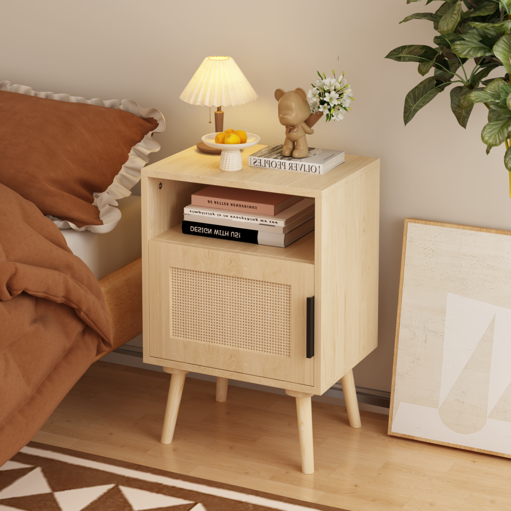 Rattan Nightstand, Side End Table with Door and Solid Wood Legs,Oak