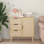 Solid Wood Rattan Rustic Vintage Accent Cabinet Distressed Wood Sideboard with 4 Drawer