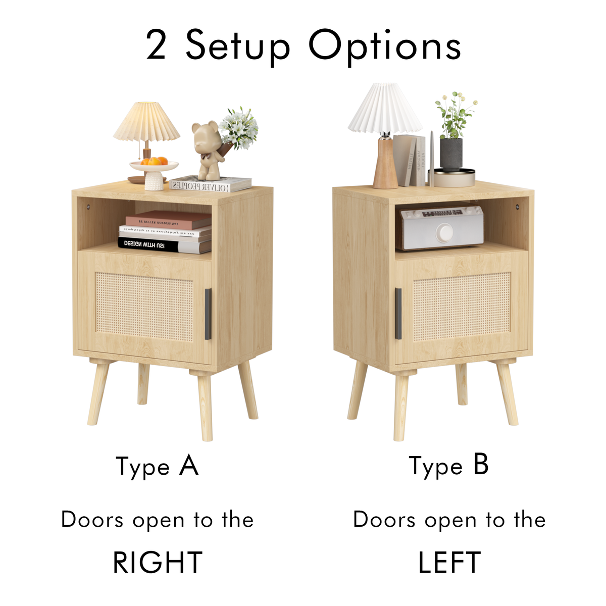 Rattan Nightstand, Side End Table with Door and Solid Wood Legs,Oak