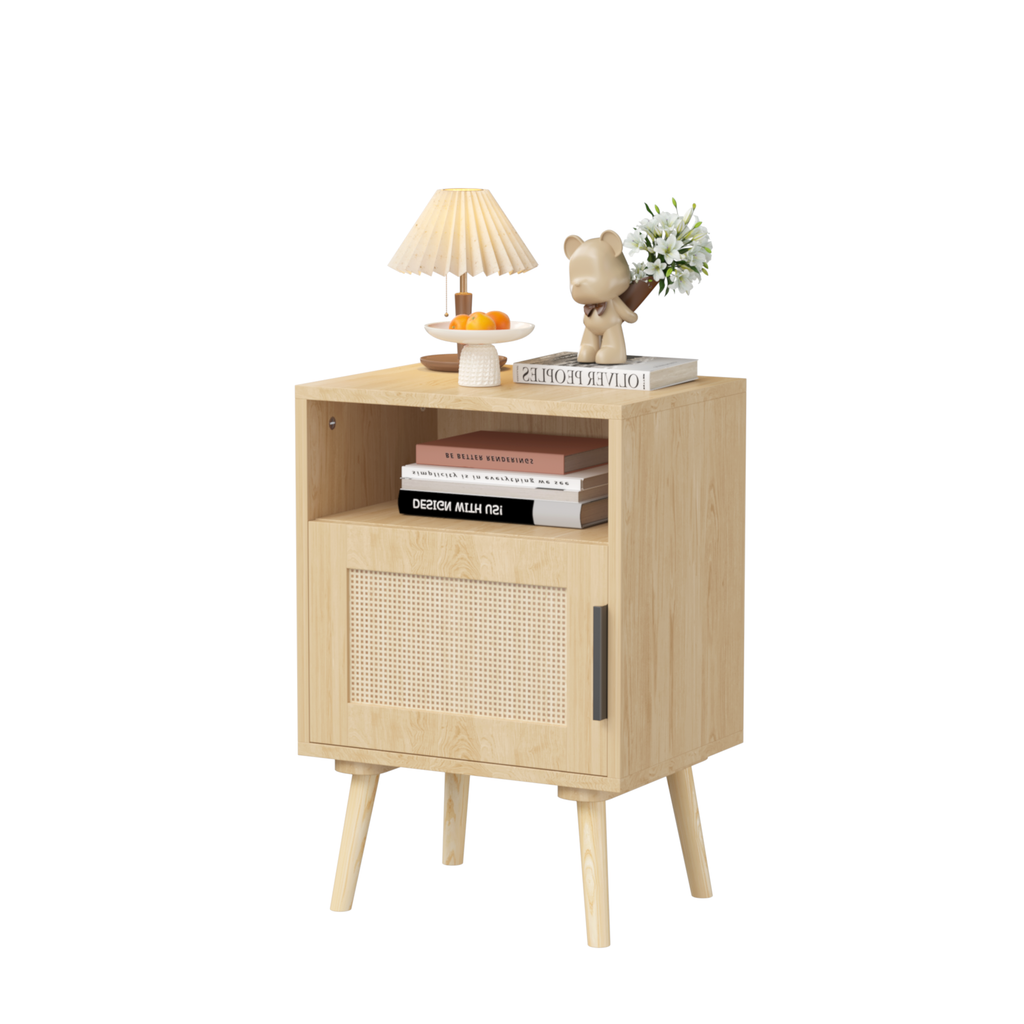 Rattan Nightstand, Side End Table with Door and Solid Wood Legs,Oak