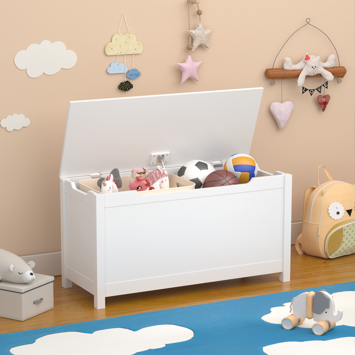 Wooden Toy Box Storage Organizer with Safety Hinged Lid