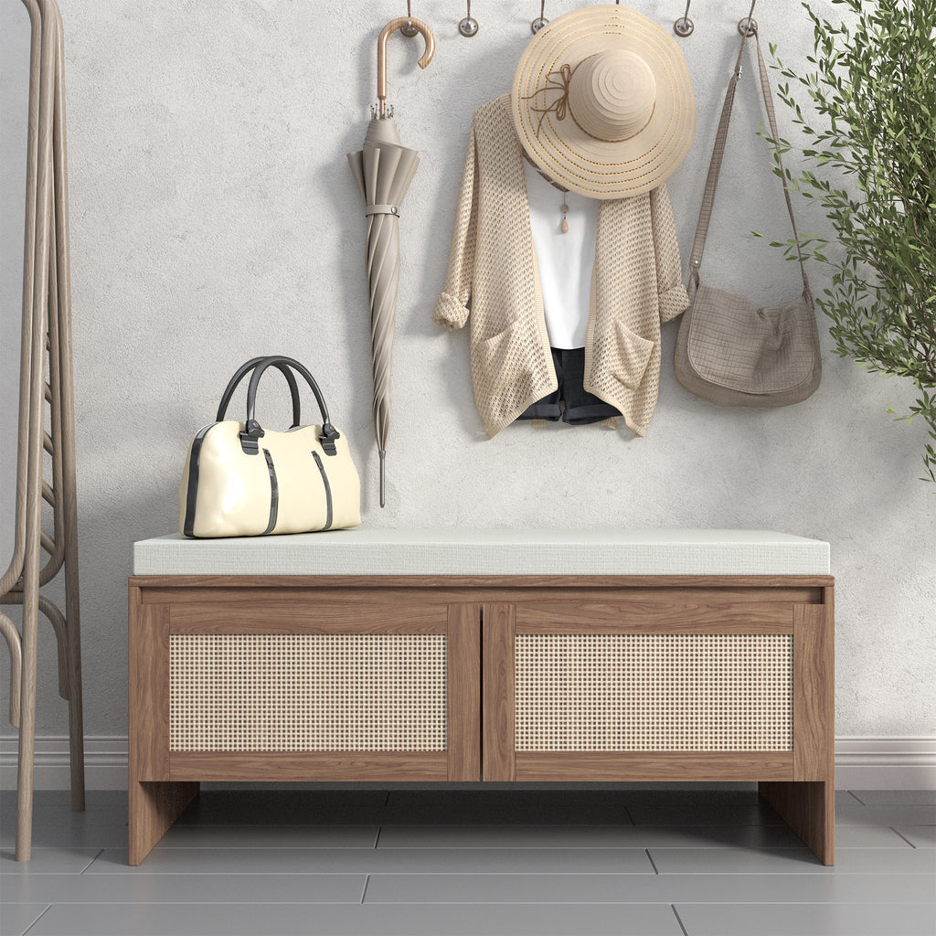PP Rattan Storage Bench with Cushion,Shoe Cabinet with 2 Doors