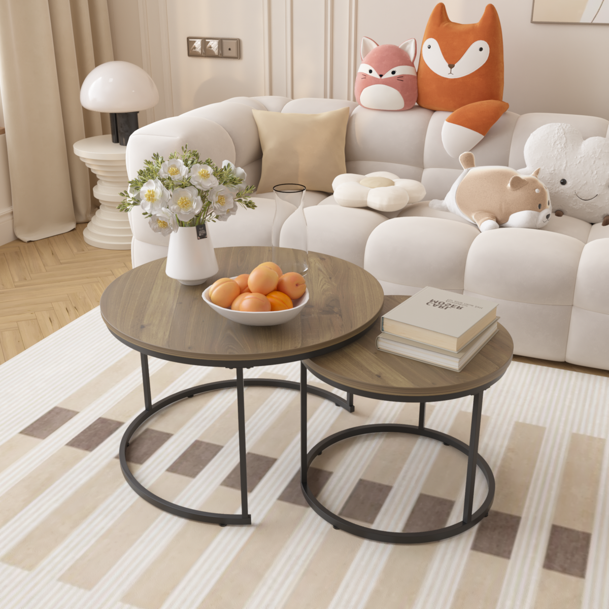 27.6" Nesting Coffee Table Set of 2, Round Coffee Table Wood