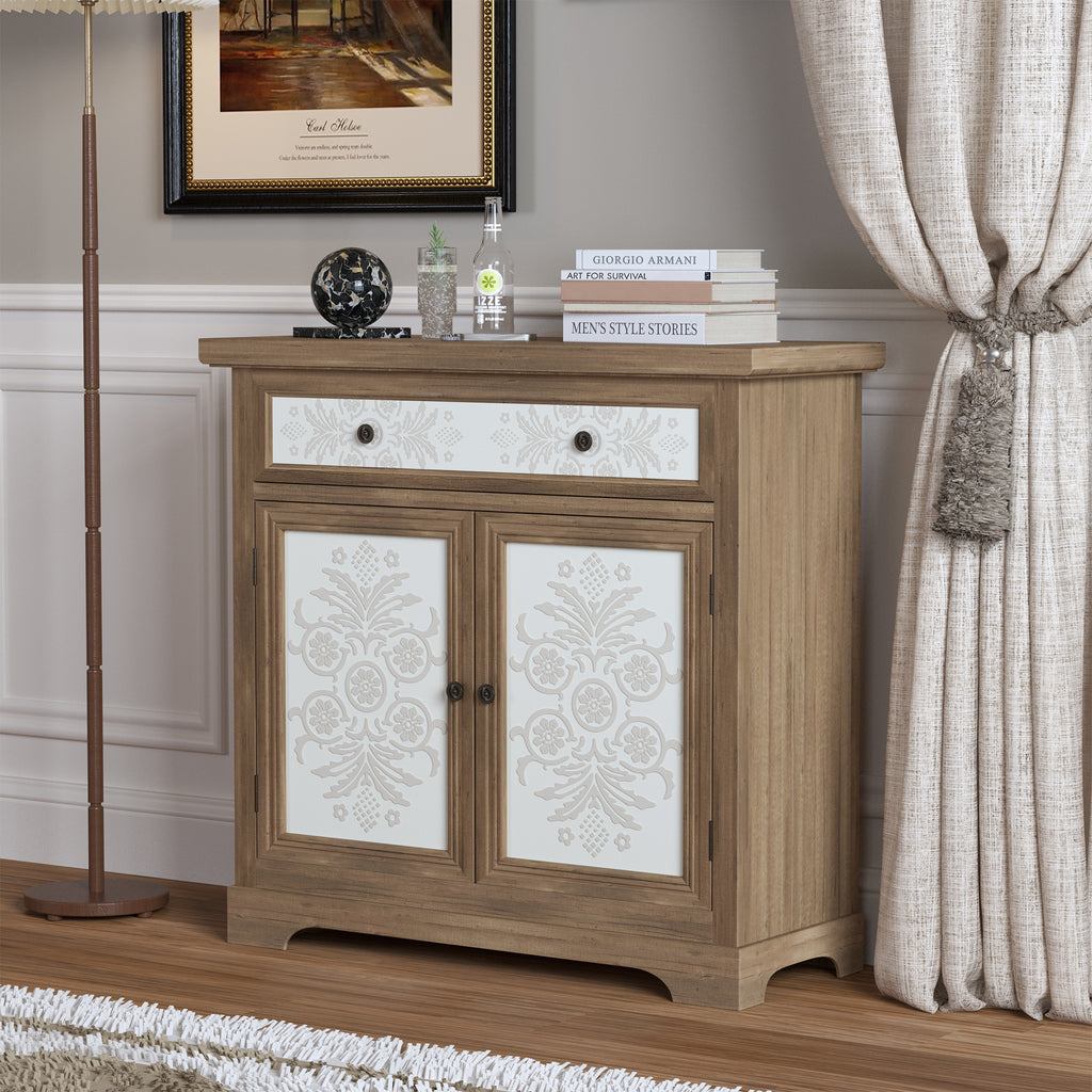 Solid Wood Rustic Vintage Accent Cabinet with Carved Floral Panel