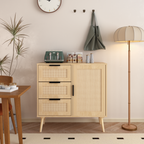 Solid Wood Rattan Rustic Vintage Accent Cabinet Distressed Wood Sideboard with 4 Drawer