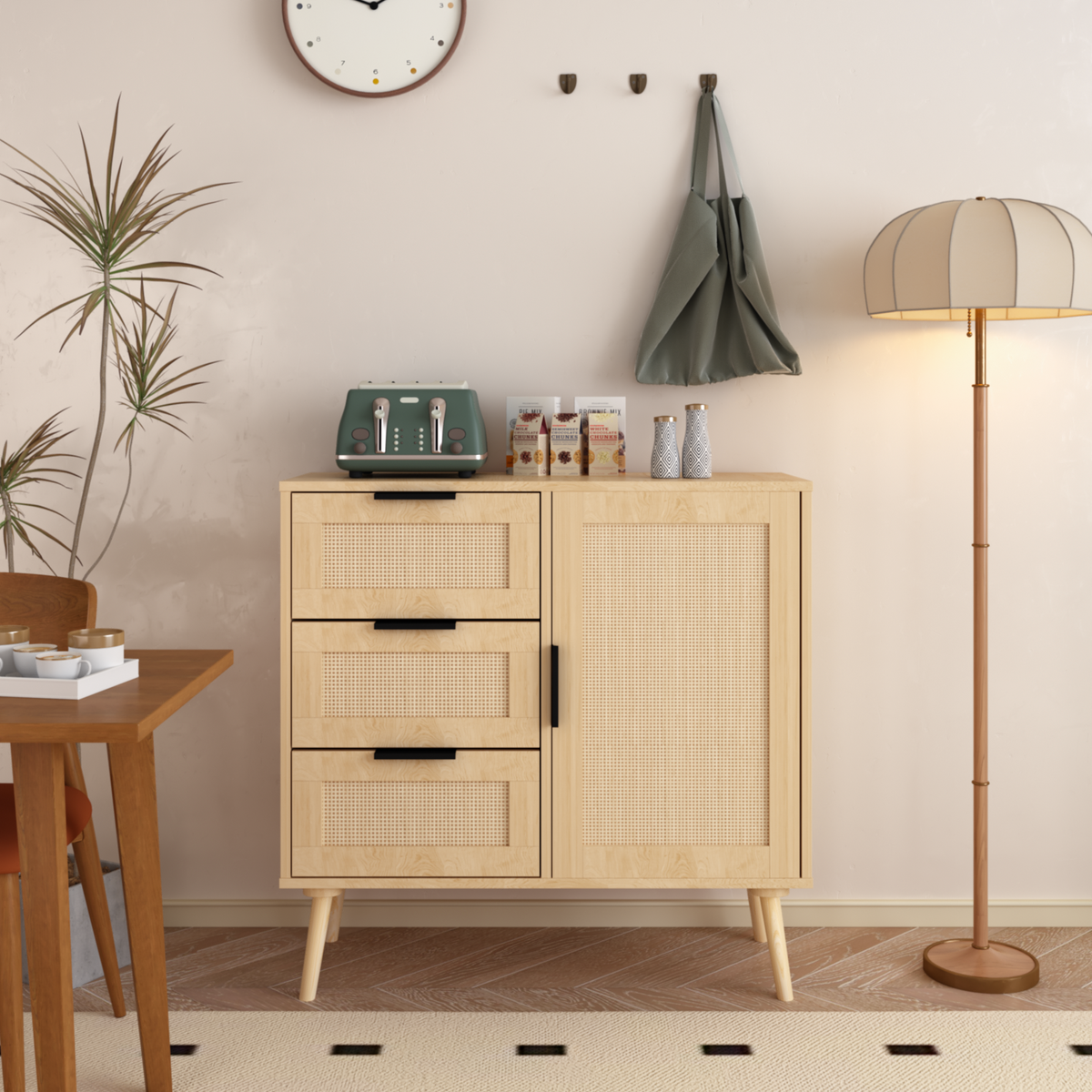 Solid Wood Rattan Rustic Vintage Accent Cabinet Distressed Wood Sideboard with 4 Drawer