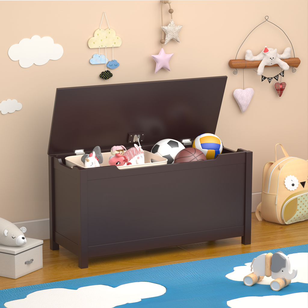 Wooden Toy Box Storage Organizer with Safety Hinged Lid