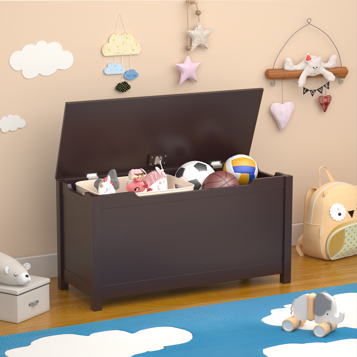 Wooden Toy Box Storage Organizer with Safety Hinged Lid
