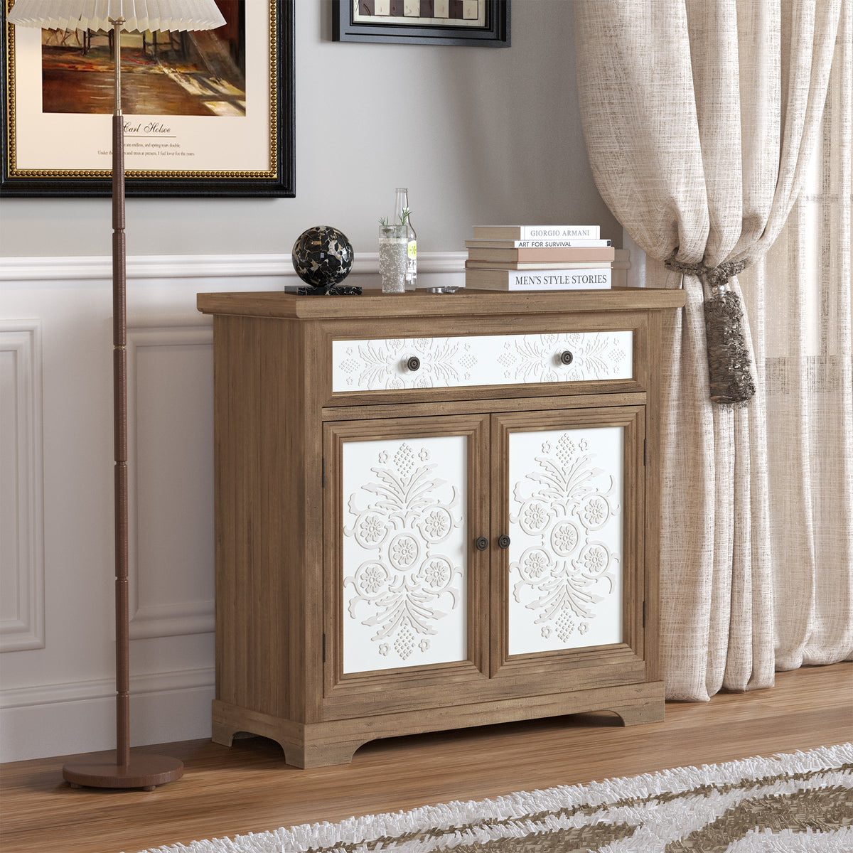 Solid Wood Rustic Vintage Accent Cabinet with Carved Floral Panel