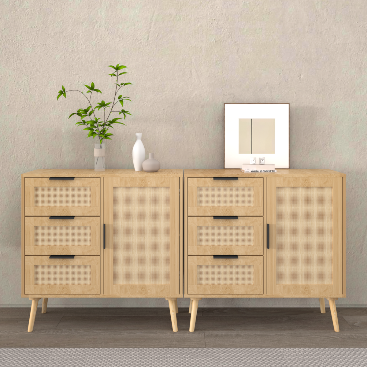 Solid Wood Rattan Rustic Vintage Accent Cabinet Distressed Wood Sideboard with 4 Drawer